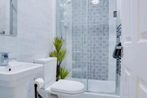 伯肯黑德Stylish 2 bedroom flat - 15 minutes to Liverpool City Centre的浴室配有卫生间、盥洗盆和淋浴。