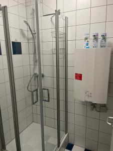 班贝格4rooms - Bamberger Gemütlichkeit的浴室里设有玻璃门淋浴