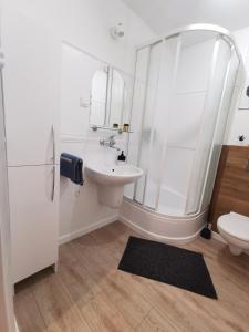 普什切夫Apartamenty Pszczew Krzysztof Michna Lubuskie Mazury Apartament "Natalia"的白色的浴室设有水槽和淋浴。