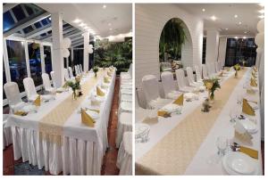 托日姆Motel Paradise的两幅宴会厅的照片,配有白色桌子和白色椅子