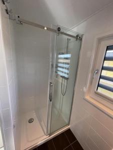 KlittenHausboot Dicke Bärta的浴室里设有玻璃门淋浴