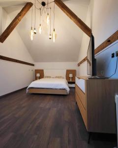 苏茨马特les charmes de la vallée noble的一间卧室配有一张床和一台电视。