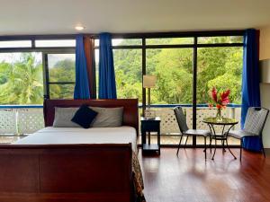 科罗尔Ngermid Oasis- 1BD, Beautiful Lodge, Amazing Views的一间卧室配有床,阳台配有蓝色窗帘