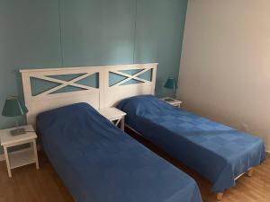 苏斯通Patrimoine et immobilier Villas du Lac的配有两张床铺的蓝色床单和灯具
