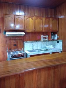 马尔多纳多港DouchkaHouse的厨房配有木制橱柜、炉灶和水槽。
