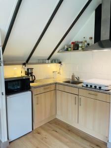 WijheNatuurhuisje - Gastenverblijf De Kleine Hazerij的厨房配有白色冰箱和水槽