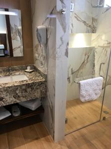 伊瓦拉Hotel Ajavi的带淋浴、盥洗盆和镜子的浴室