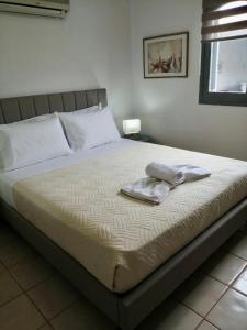 阿齐亚佩拉加Ikaros Lodge的一间卧室配有一张床,床上有毛巾