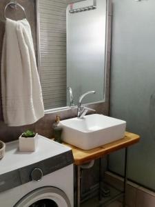 阿齐亚佩拉加Ikaros Lodge的一间带水槽和洗衣机的浴室