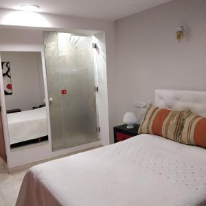 圣萨尔瓦多德朱Rosa Ramona Rooms的卧室配有白色的床和镜子