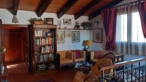 奇尼斯Villa Amalia - mansarda的客厅设有书架,书架上摆放着书籍