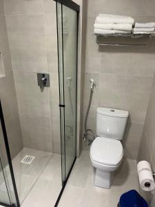 巴拉奈里奥-坎布里乌达斯阿莫瑞卡斯酒店的一间带卫生间和玻璃淋浴间的浴室