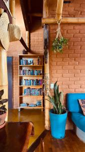 戈亚斯州上帕莱索Casa Lobo-guará的客厅设有书架,书架上摆放着书籍