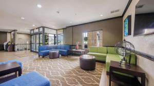 劳顿Comfort Suites Lawton Near Fort Sill的大型客厅配有蓝色和绿色的家具