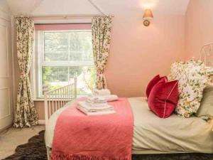 SelborneCharming Country Cottage的一间卧室配有一张带红色枕头的床和一扇窗户