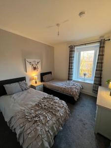 卡伦德Newly refurbished flat - Callander的一间卧室设有两张床和窗户。