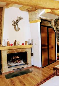 La Pobla de CérvolesCan vinyals 1979的客厅设有壁炉和墙上的鹿头