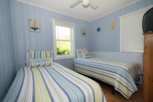 蒙托克The Montauk Soundview的蓝色墙壁客房的两张床