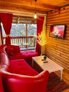普里什蒂纳Villzone with big garden的客厅配有红色的沙发和桌子