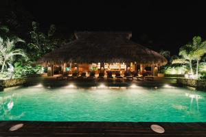 帕洛米诺Naio Hotel y Villas的茅草屋顶的度假游泳池