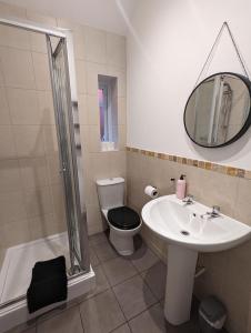 兰迪德诺Cosy 1 Bedroom Apartment in the Heart of Llandudno的一间带水槽、卫生间和镜子的浴室
