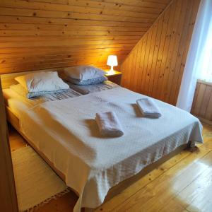 亚斯塔尔尼亚Domki BLANKA Jastarnia的一间卧室配有一张床,上面有两条毛巾