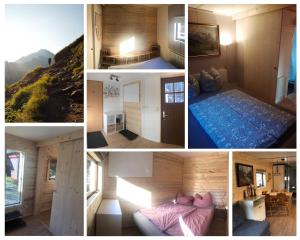 阿绍Mountainview Lodge - Chalet im Zillertal direkt am 5 Sterne Campingplatz Aufenfeld mit Hallenbad und Sauna的一张床位的房间的照片拼在一起