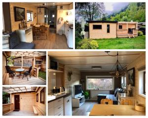 阿绍Mountainview Lodge - Chalet im Zillertal direkt am 5 Sterne Campingplatz Aufenfeld mit Hallenbad und Sauna的一个小房子的照片拼凑而成