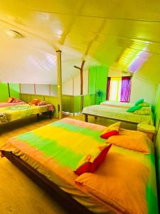 AfareaituTeraupoo Lodge Chalet的一间卧室设有两张绿色和黄色的床