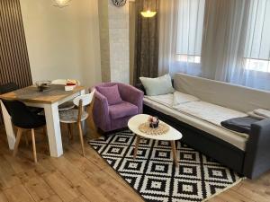 布尔加斯Joy Apartment Burgas center private parking的客厅配有沙发和桌子