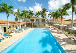 威廉斯塔德DeLynne Resort Curaçao的一个带椅子的游泳池,棕榈树