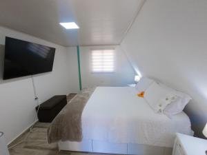 Alto BoqueteCabaña puente Wilson的卧室配有白色的床和平面电视。