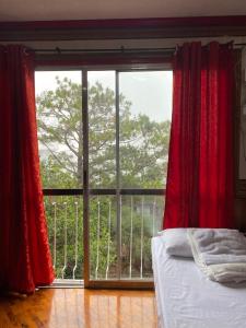 碧瑶Casa Valle Verde的一间卧室设有大窗户和红色窗帘