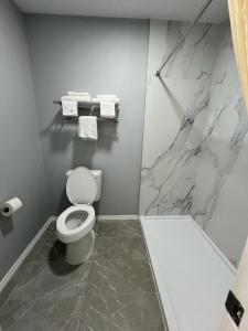 阿卡德尔菲亚Pioneer INN的白色的浴室设有卫生间和淋浴。