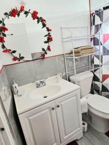 克里斯琴斯特德Veronica's Tropical Oasis的一间带水槽、卫生间和镜子的浴室