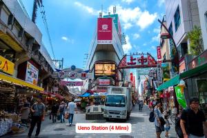 东京-0 meter to station- Tokyo, Asakusa, Ueno, Skytree tower and Akihabara entire house for 14 guests -駅まで0メートル- 東京 浅草 上野 スカイツリー 秋葉原一棟貸切14名様的一条繁忙的城市街道,人们在步行,一辆卡车