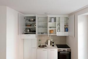 卢塞恩WELCOME APARTMENTS - Luzern的白色的厨房配有白色橱柜和水槽