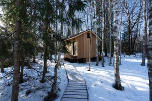 ArduPaunküla Nature Resort (forest villa)的雪中树林里的小木屋