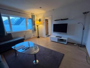 特罗姆瑟Enter Backpack Apartments的客厅配有玻璃咖啡桌和电视
