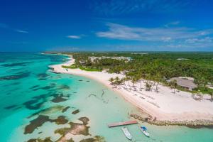 蓬塔卡纳The Westin Puntacana Resort的享有海滩的空中景色,在水中划船