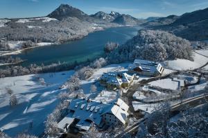 萨尔茨堡附近霍夫Arabella Jagdhof Resort am Fuschlsee, a Tribute Portfolio Hotel的湖旁雪地中房屋的空中景观