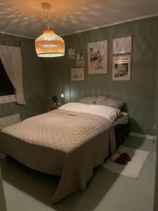 腓特烈斯塔Bestemors hus - med kystnær beliggenhet的一间卧室配有一张床和一个吊灯