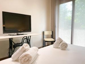 圣保Can Baseia - amb jardí i accés privat a La Fageda的酒店客房的床铺配有电视,备有毛巾