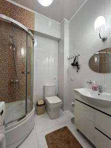 比什凯克AURA on Ryskulov street 30的浴室配有卫生间、盥洗盆和淋浴。