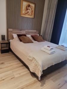 埃尔布隆格Apartament przy Starówce的一间卧室配有一张大床和毛巾