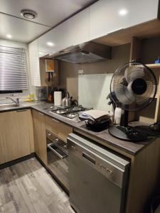 莱马特Mobile-home Bonne -Anse Plage的厨房配有台面上的风扇