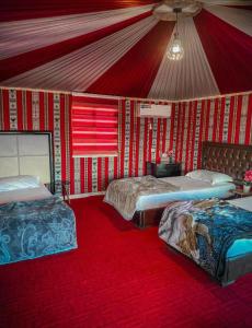 瓦迪拉姆Night Magic Camp的一间设有两张床铺的客房,位于红色墙壁的房间