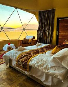 瓦迪拉姆Night Magic Camp的一间卧室配有一张床,享有沙漠美景