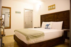 圣塔芭芭拉-山美纳Hostal Marina Samana的一间卧室配有一张大床和镜子