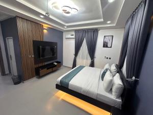 阿布贾99 MOZILLA APARTMENTS AND SUITES的一间卧室配有一张床和一台平面电视